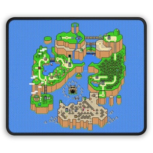 May include: A pixelated map of the Super Mario Bros. 3 world, featuring a blue ocean, green islands, and a variety of obstacles and enemies. The map is designed in a retro 8-bit style.