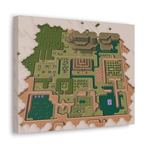 May include: A pixelated map of a video game world, featuring a large castle in the center, surrounded by green forests, rivers, and a few small villages. The map is set against a white background with clouds.