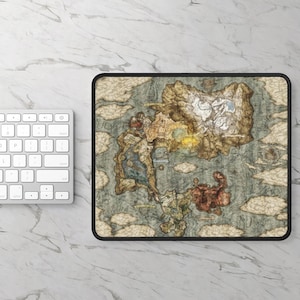 May include: A mousepad featuring a detailed map of a fantasy world with a variety of terrain types, including mountains, forests, and water. The map is in a vintage style with a faded color palette.