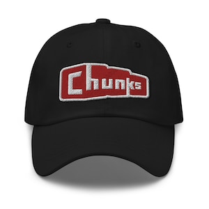 May include: Black baseball cap with a red and white embroidered logo that says "Chunks".