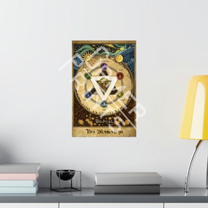 Pode incluir: Uma ilustra&ccedil;&atilde;o de estilo vintage de um pentagrama com cinco c&iacute;rculos que representam os elementos: terra, fogo, &aacute;gua, ar e esp&iacute;rito. O texto "The Elements" est&aacute; escrito em uma fonte estilizada na parte inferior da imagem.