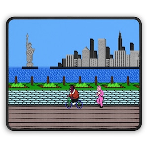 May include: A pixelated 8-bit style image of a city skyline with a statue of liberty in the background. A brown figure is riding a bicycle and a pink figure is running in the foreground.