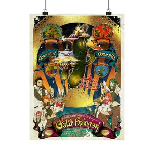 Pode incluir: Um cartaz de estilo vintage que anuncia um jogo chamado "Gold Heaven". O cartaz apresenta um grande cacto verde com um disco voador e um castelo no fundo. O cartaz é rodeado por uma moldura dourada e tem um design colorido. O texto no cartaz diz "Come out!" e "Come in!"