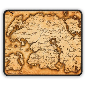May include: A vintage-style map of the fictional world of Tamriel from the Elder Scrolls video game series. The map shows the provinces of Skyrim, High Rock, Hammerfell, Cyrodiil, Morrowind, Black Marsh, Elsweyr, Valenwood, and Summerset Isles. The map is drawn in brown and beige tones on a parchment-like background.