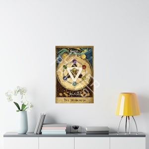 Pode incluir: Uma ilustra&ccedil;&atilde;o de estilo vintage de um pentagrama com cinco c&iacute;rculos coloridos que representam os elementos: terra, fogo, &aacute;gua, ar e esp&iacute;rito. O texto "Os Elementos" est&aacute; escrito abaixo do pentagrama.