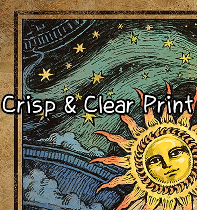 Pode incluir: Ilustra&ccedil;&atilde;o de estilo vintage de um sol com rosto humano e um c&eacute;u noturno estrelado. O texto "Crisp & Clear Print" &eacute; vis&iacute;vel na imagem.