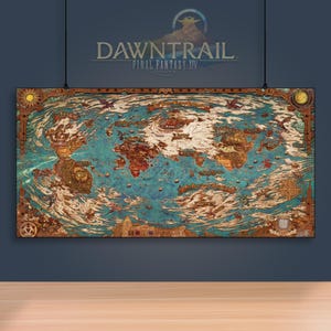 May include: A detailed map of the world of Final Fantasy XIV: A Realm Reborn, titled "Dawn Trail". The map is in a vintage style with a blue ocean and brown landmasses. The map is framed in a wooden frame with gold accents.