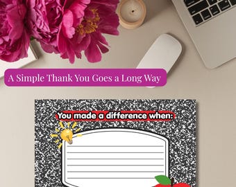 Biglietto di ringraziamento stampabile per insegnanti / Biglietto di apprezzamento per insegnanti / Regalo di fine anno per insegnanti / Download immediato / Biglietti stampabili