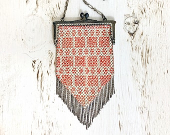 Antique Mandalian Mfg Co Enameled Mesh Purse Art Deco Red Geometric Fringe 1920s