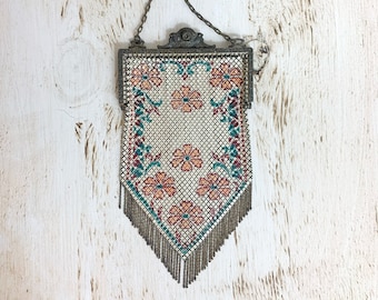 Antique Mandalian Enamel Mesh Purse 1920s Art Deco Floral Fringe Flapper
