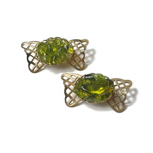 Vintage Gold Tone Bow with Green Stone Brooches (Set of 2)