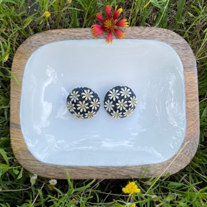 Vintage Black and White Floral Button Clip on Earrings
