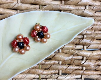 Vintage 1960s Hong Kong Beaded Cluster Clip Earrings