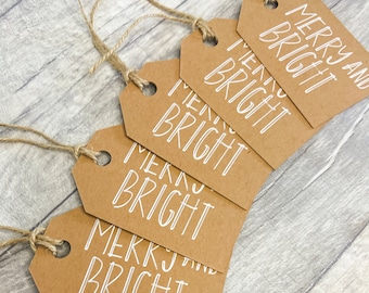 Merry and Bright Christmas Gift Tags with Twine, Pack of 6, Choice of Twine Colour, Christmas Tags, Minimalist Gift Tags, Eco Friendly