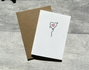 Love you Card, Heart Balloon, Anniversary - Valentines Day, Mini Card, Eco Friendly, Cute Card for Friend