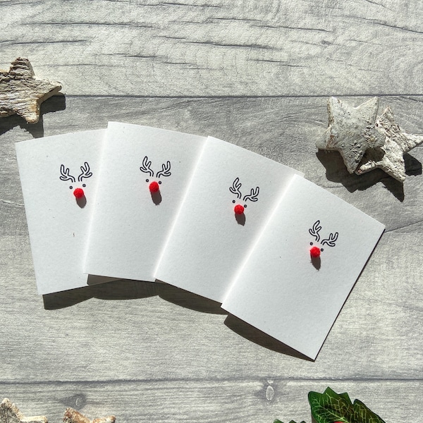Reindeer Cards, Handmade Christmas Cards, Holiday Cards, Cute Xmas Card, Christmas Greetings Cards (4 Pack), Mini Christmas Cards