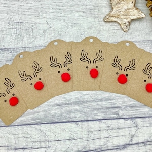 Reindeer Christmas Gift Tags with Twine, Pack of 6, Choice of Twine Colour, Christmas Tags Kraft Brown