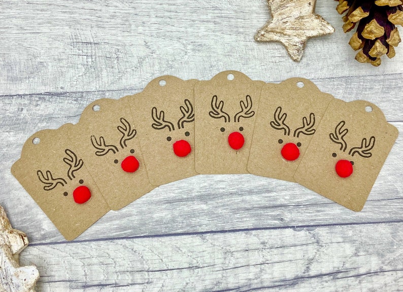 Reindeer Christmas Gift Tags with Twine, Pack of 6, Choice of Twine Colour, Christmas Tags Kraft Brown