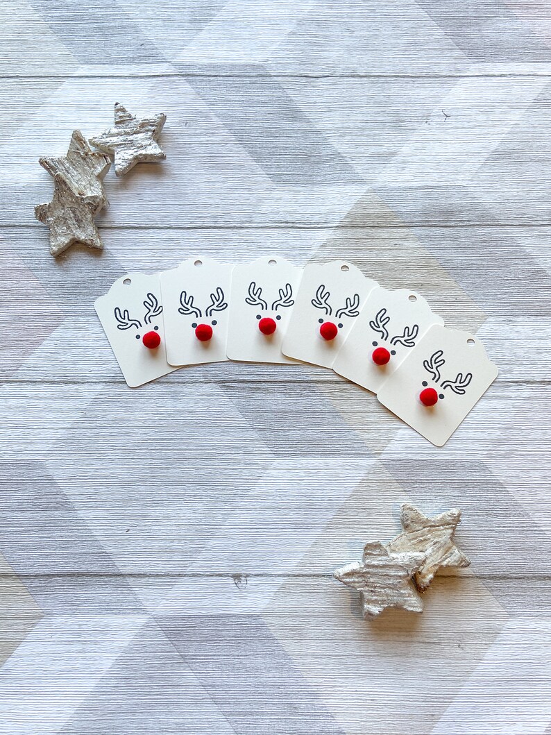 Reindeer Christmas Gift Tags with Twine, Pack of 6, Choice of Twine Colour, Christmas Tags Ivory