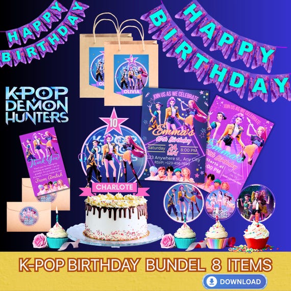 K-Pop Demon Hunter Birthday Party Bundle | Huntrix Invitation, Banner, Cake & Cupcake Toppers, Thank You Card | Kpop Png Bundle, huntrix png