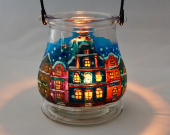 Christmas Town Candle Holder, Handpainted Glass Tealight Holder, Village in Snow, Stained Glass Home Decor, Christmas Decor and Gift