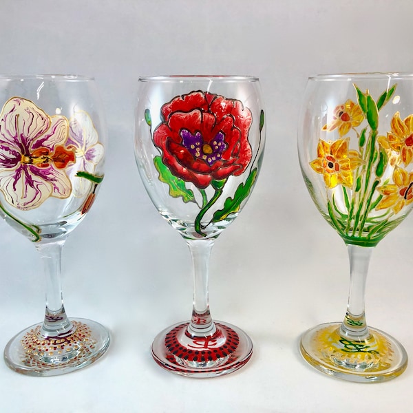 Wine Glasses FLORAL, Handpainted-Personalized Glasses, Flower Design Hand painted, White Orchid- Red Poppy-Yellow Daffodil, Gift For Her