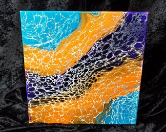 Turquoise, Orange & Purple Waves Abstract Acrylic Painting