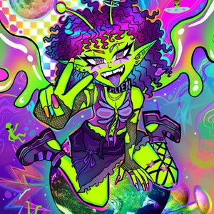 May include: Digital illustration of a neon green alien character with purple hair, wearing a black outfit and sitting on a planet. The word "ALIEN" is on the character's collar. The background features a moon, UFOs, and colorful, psychedelic elements.