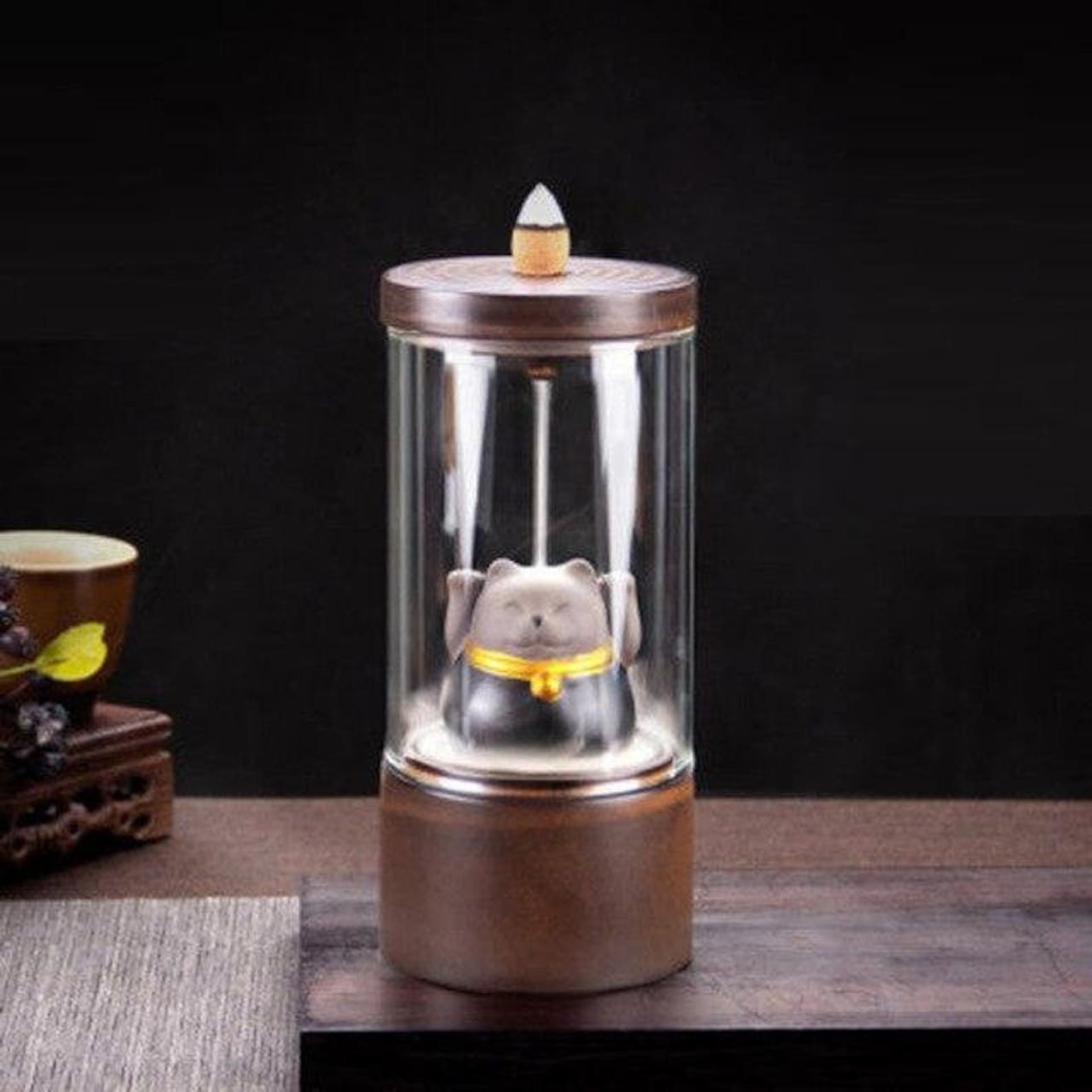 The Lucky Cat Backflow Incense Burner with Glass Cover for Etsy