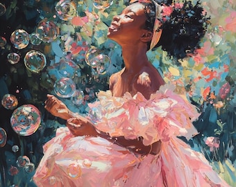 LOVE JOY, Black Girl Art, Elegant Art, Magical Art, African American Art, Beautiful Bubbles, Black Painting, High Quality, Home Decor