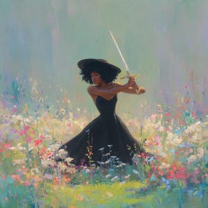 May include: An artistic painting of a person in a black dress and hat holding a sword in a field of colorful flowers. The person is the focal point, with the sword raised. The background is a soft blend of colors.