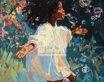 BUBBLE JOY Paper Print, Black Girl Art, Elegant, Magical, African American Art, Beautiful Bubbles, Black Painting, High Quality, Home Decor