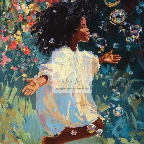 BUBBLE JOY Paper Print, Black Girl Art, Elegant, Magical, African American Art, Beautiful Bubbles, Black Painting, High Quality, Home Decor