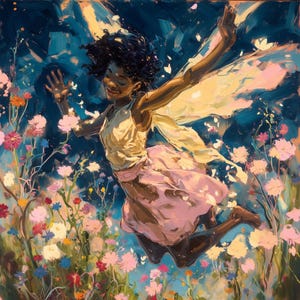 May include: An oil painting depicts a joyful figure with dark skin, wearing a light yellow top and a pink skirt, with fairy wings. The figure is surrounded by colorful flowers against a blue background, creating a whimsical and vibrant scene.