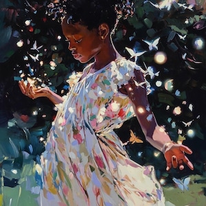 May include: An oil painting depicts a young person in a floral dress, surrounded by butterflies and glowing orbs. The figure is reaching out, as if interacting with the ethereal elements. The background is a lush, dark green garden.