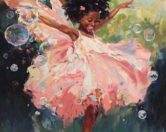 Ballerina Bubble Print, Black Girl Fairy Art, African American Wall Decor