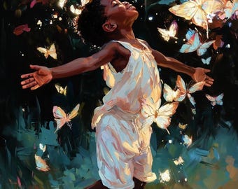 May include: An artistic painting shows a person in a white outfit with arms outstretched, surrounded by glowing butterflies. The background features dark green foliage and additional butterflies, creating a whimsical and joyful scene.