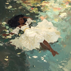 May include: An artistic painting depicts a person in a white dress floating in water. The dress has gold accents and the person has dark hair. The water is a mix of greens and blues, with lily pads and petals.