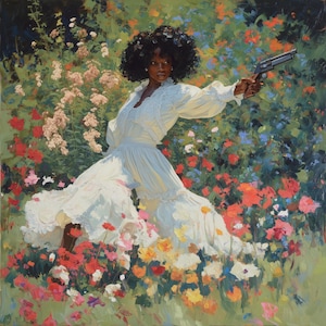 May include: An oil painting of a person in a white dress holding a gun, surrounded by colorful flowers. The person has dark skin and curly black hair. The flowers are a mix of red, pink, orange, and yellow.