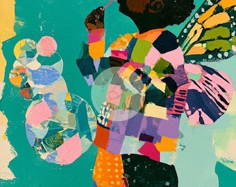 May include: An acrylic painting on canvas featuring a dark-skinned figure with butterfly wings blowing bubbles. The figure wears a colorful patchwork-style shirt and pants against a teal background. The bubbles contain abstract geometric patterns.