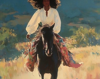 May include: An oil painting depicts a person riding a black horse through a field. The person wears a white blouse and a colorful skirt. The horse is galloping, and the background features a blue sky and rolling hills.