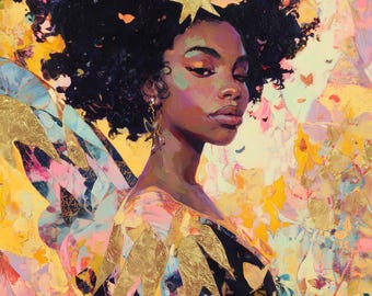 Black Fairy Art Nouveau Print: Afrocentric Fantasy Wall Decor