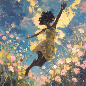 May include: An oil painting depicts a person with dark skin and curly hair, wearing a yellow dress and fairy wings, floating above a field of colorful flowers. The background is a blend of blue and yellow brushstrokes.