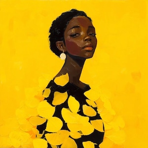 May include: An oil painting of a person with dark skin and short black hair against a bright yellow background. The person is wearing a black top adorned with yellow petal-like shapes and a pair of white earrings. The artwork has a textured, painterly style.