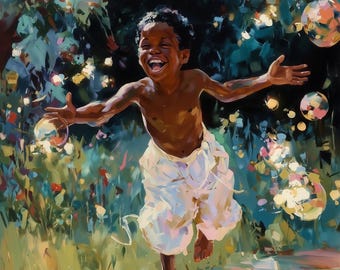 May include: A colourful painting shows a happy child running outside with arms open. The child, with dark skin, wears white trousers and is surrounded by colourful bubbles and green foliage. The artwork captures a moment of pure joy.