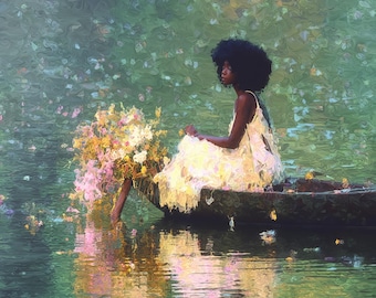 May include: An artistic rendering of a person in a white dress sitting in a boat on a lake. A large bouquet of pink, yellow, and white flowers is in the boat. The water reflects the person and the flowers. The background is a green, impressionistic landscape.