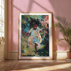 May include: Framed art print of a young person running through a garden. The artwork features a person in a flowing dress with pastel colors, set against a backdrop of lush greenery and flowers. The frame is gold.