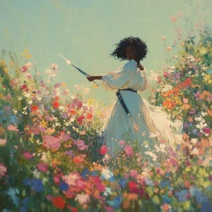 May include: An oil painting depicts a person in a white dress holding a sword amidst a vibrant field of wildflowers. The person has dark hair and is the focal point, with the flowers in shades of pink, red, yellow, and blue.