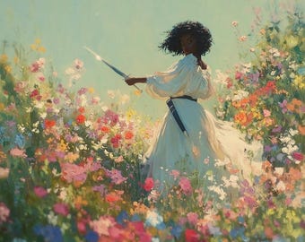May include: An oil painting depicts a person in a white dress holding a sword amidst a vibrant field of wildflowers. The person has dark hair and is the focal point, with the flowers in shades of pink, red, yellow, and blue.