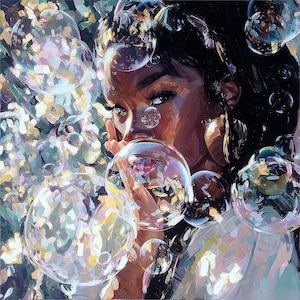 May include: An artistic painting of a person surrounded by soap bubbles. The person has dark skin, long eyelashes, and is partially obscured by the bubbles. The bubbles reflect light and colors, creating a dreamy effect.